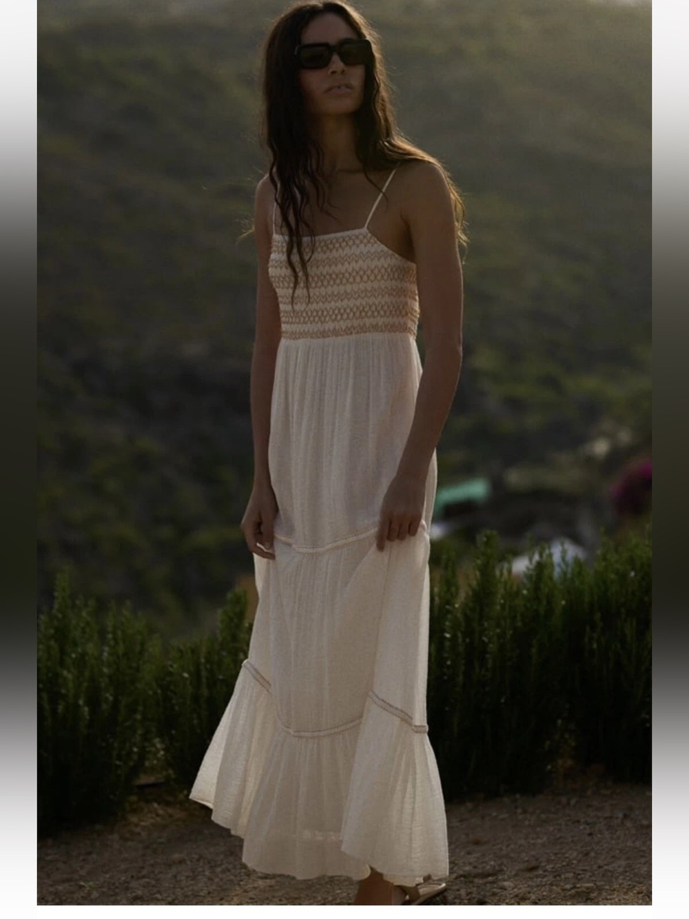 Zara Cream Smocked Maxi Dress with Spaghetti Straps